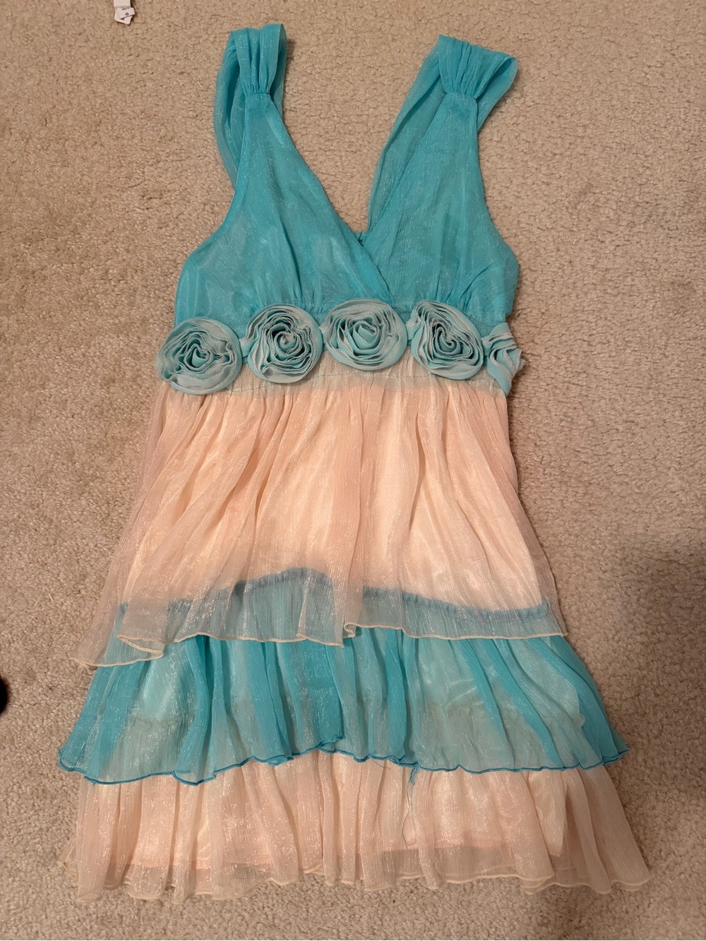 Girls' Aqua and Cream Tiered Floral Waist Party Dress